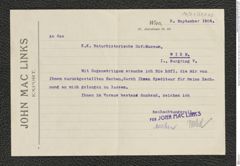 Nachlass Franz Steindachner, Brief von Links John Mac an das k.k. naturhistorische Hofmuseum (05.09.1906), Inv.Nr. 321.03, Seite 1